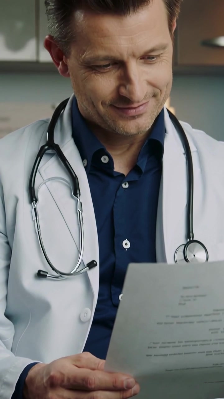Vertical video: Receiving report, physician in lab coat scanning results in clinic with stethoscope