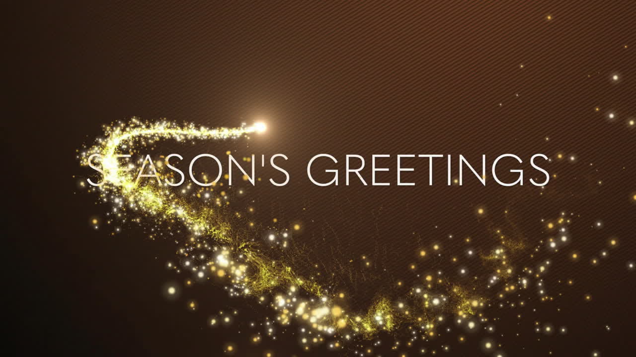 Season Greetings text animation over golden sparkling trail on brown background