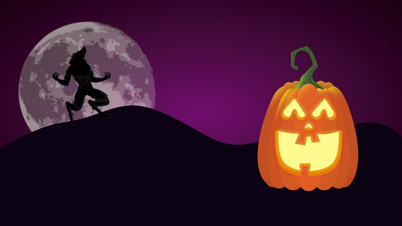 escena oscura de halloween con hombre lobo y calabaza