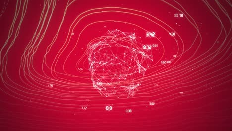 globe of network of connection over topography against red background