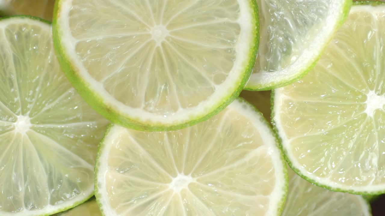 rebanadas redondas de lima fresca girando lentamente.