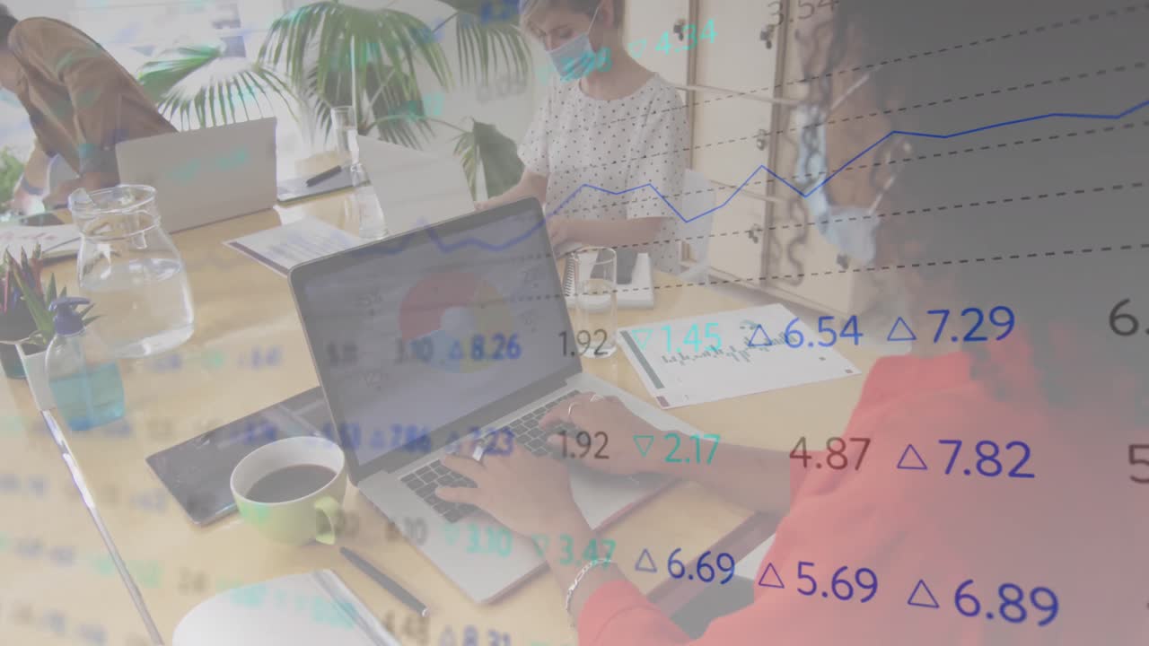 Animation of digital interface showing statistics with colleagues in office wearing face masks