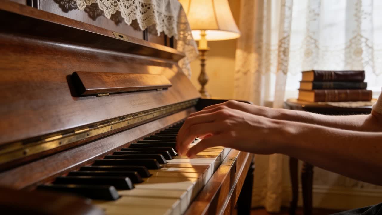 Mani di pianista che si posano e poi premono i tasti di un pianoforte verticale in un salotto, con una lampada.