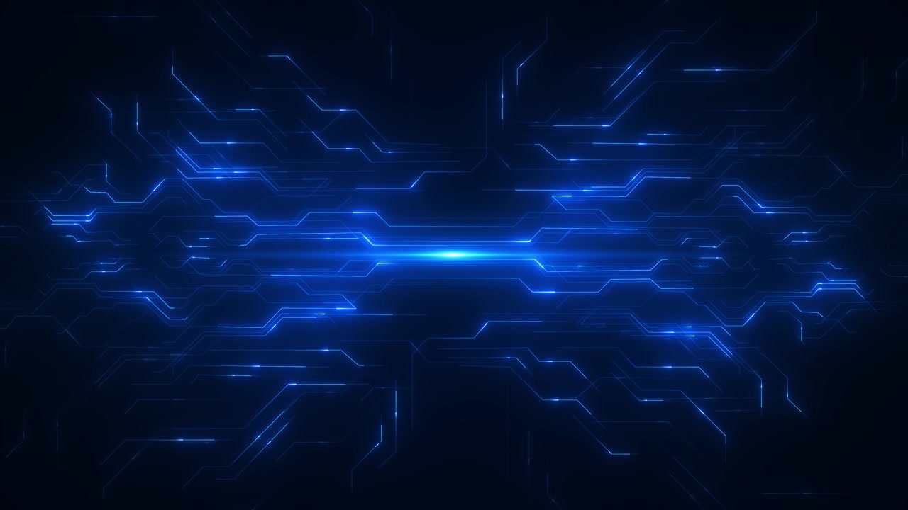Blue circuit energy background glowing center flare horizontal electronic paths technology depth
