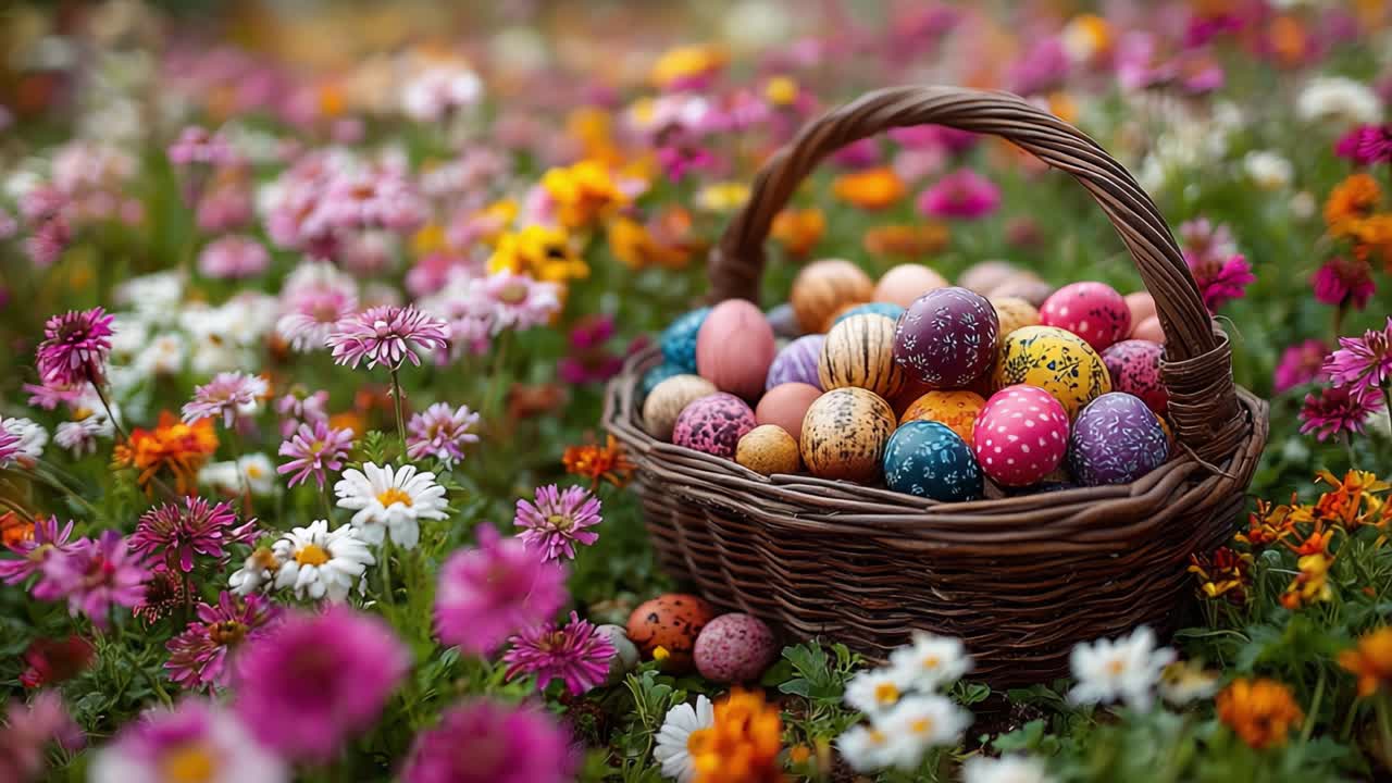 A Vibrant Basket Overflowing with Colorful Painted Eggs Nestled Among a Bed of Beautiful Flowers in a Lush Spring Landscape Capturing the Essence of Easter Celebrations