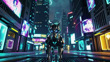 lobo cyberpunk en la ciudad de neón