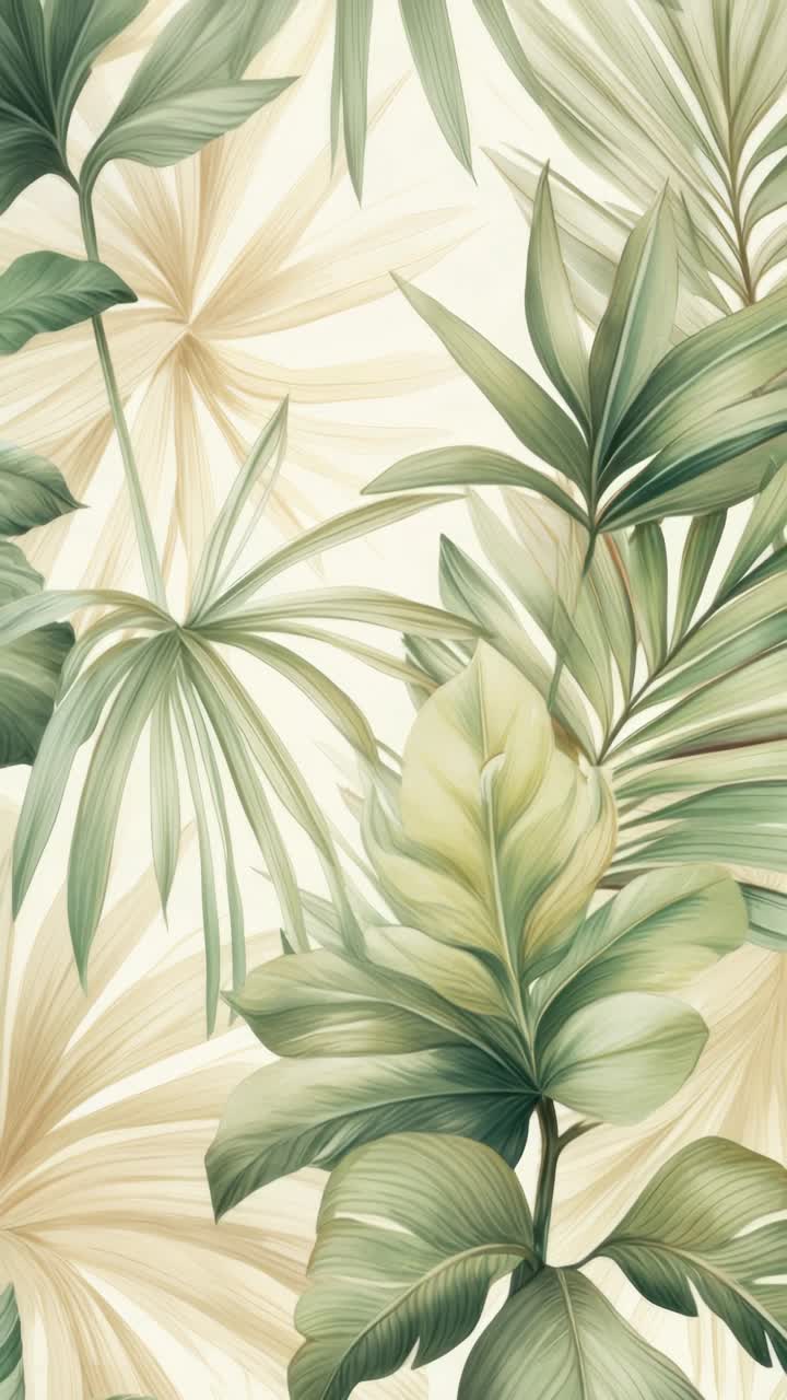 Top-down view of lush tropical leaves in soft, muted tones. The video style evokes a serene, natural