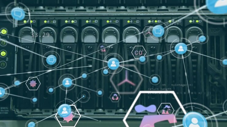 Digital Network Data Visualization Over Server Rack