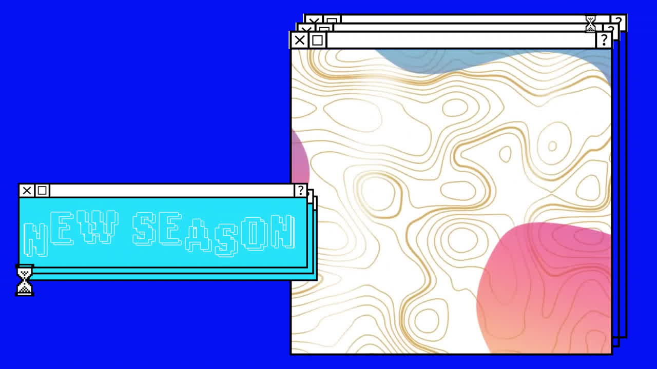 Animation of new season text and contour lines on windows with egg timer over blue computer desktop