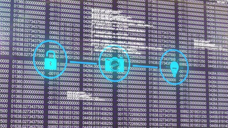 Animation of network of digital icons and data processing against blue background