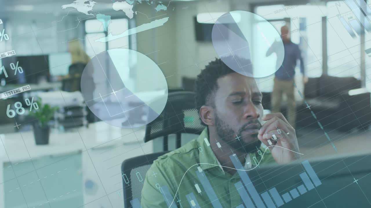 Animation of financial data processing over businessman using computer in office