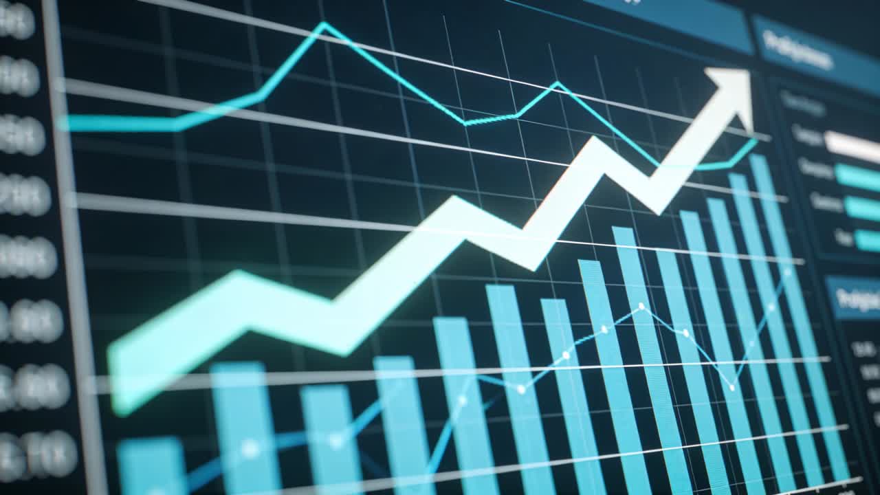 Zoomende kamera fokuserer på en skærm ved et skrivebord, der viser turkise søjler og en zigzaggende trend, som signalerer fremgang.