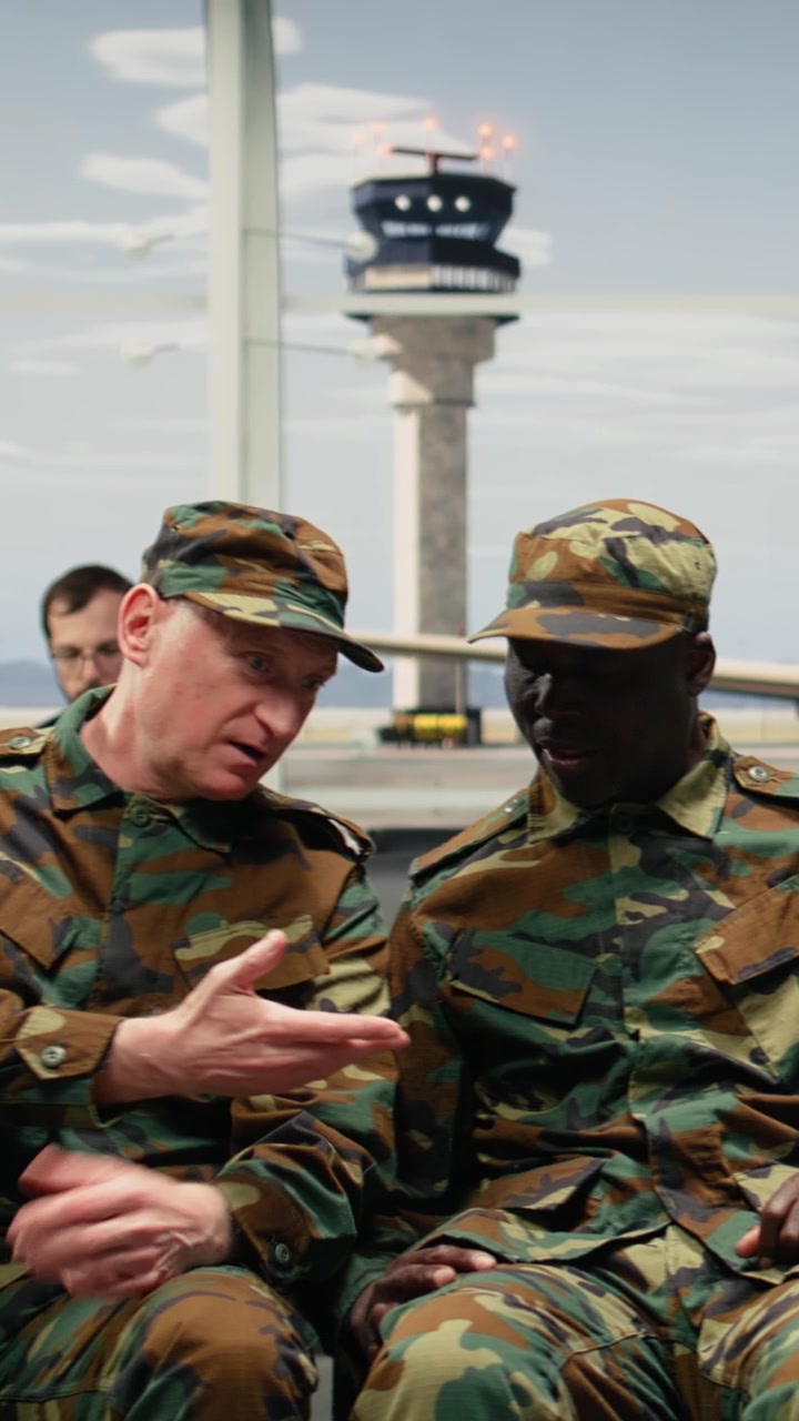 Video verticale. Soldati multietnici dell'esercito che chiacchierano, in attesa in aeroporto.