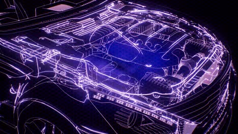 holographic animation of 3d wireframe car model with engine