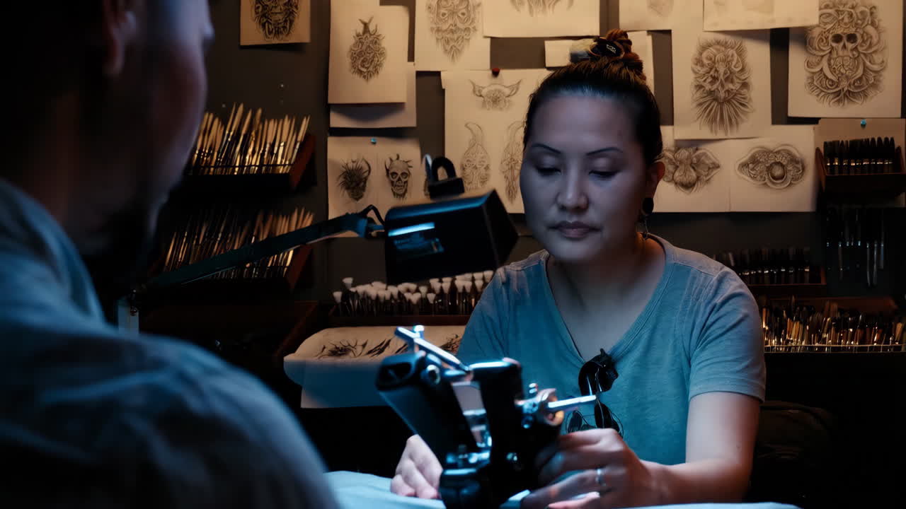 artista del tatuaje en el trabajo