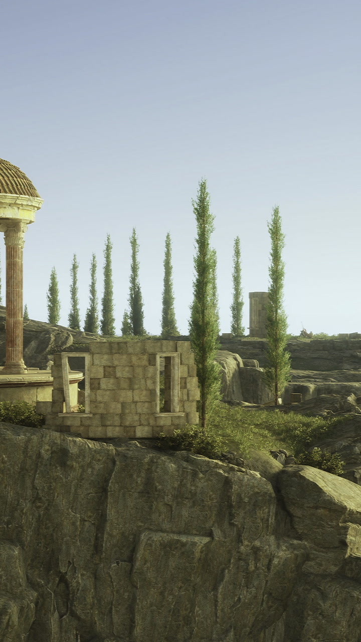 Ancient ruins stand elegantly among tall trees in a serene landscape