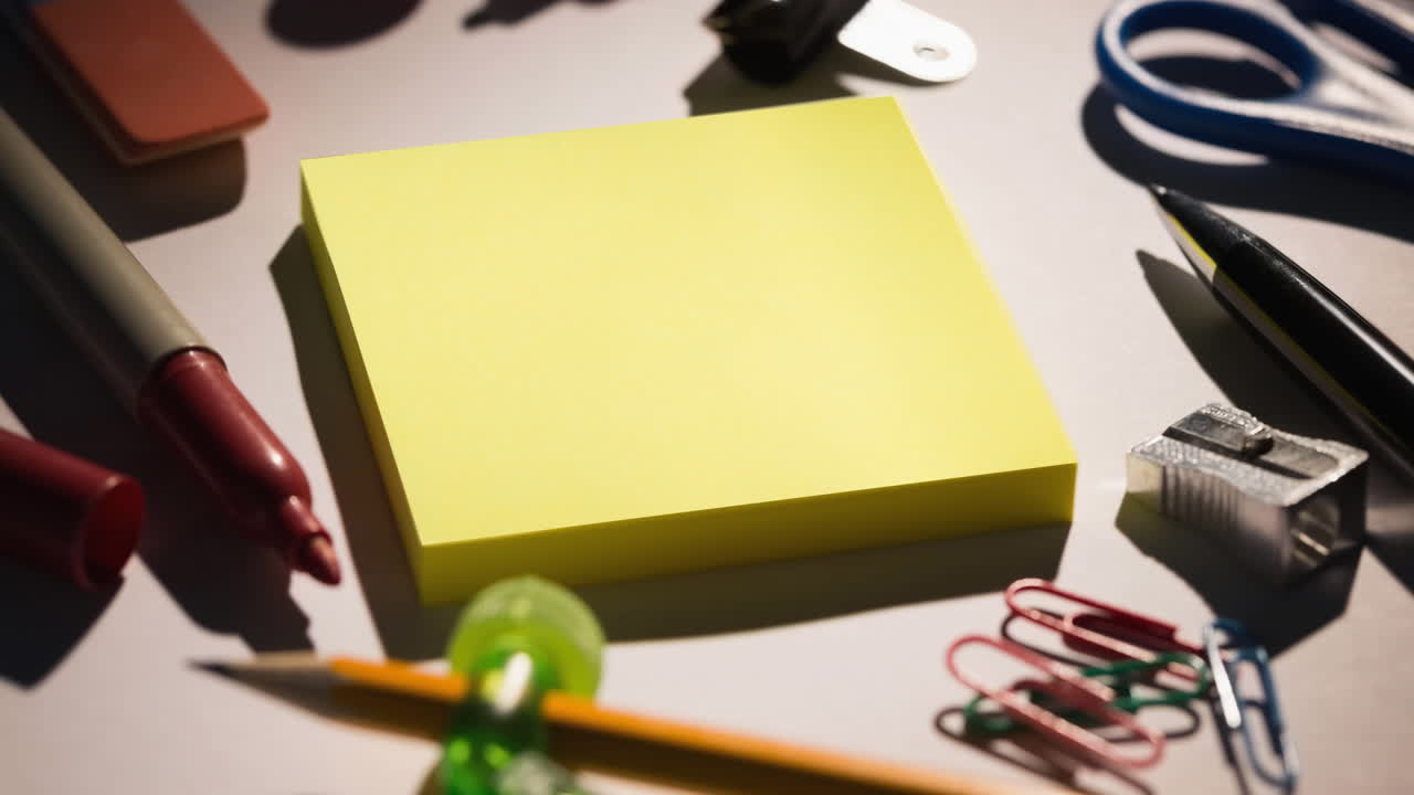 Animation of memo notes and school stationery on messy desk
