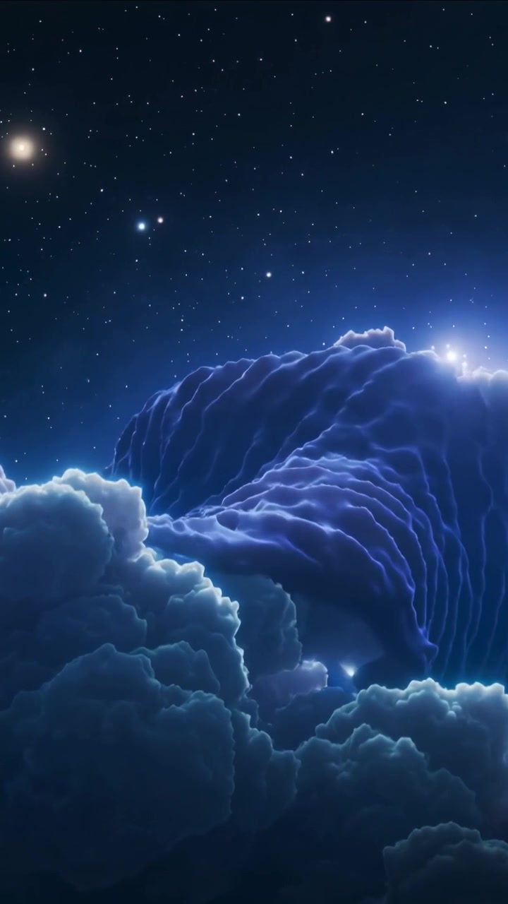 Brightening cloud showing ridges at night by hidden light behind crest, stars, pocket lights
