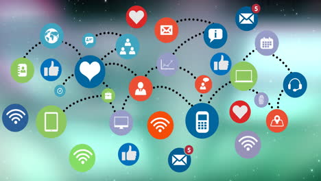 animation von verbundenen icons mobiler anwendungen über abstrakten hintergrund