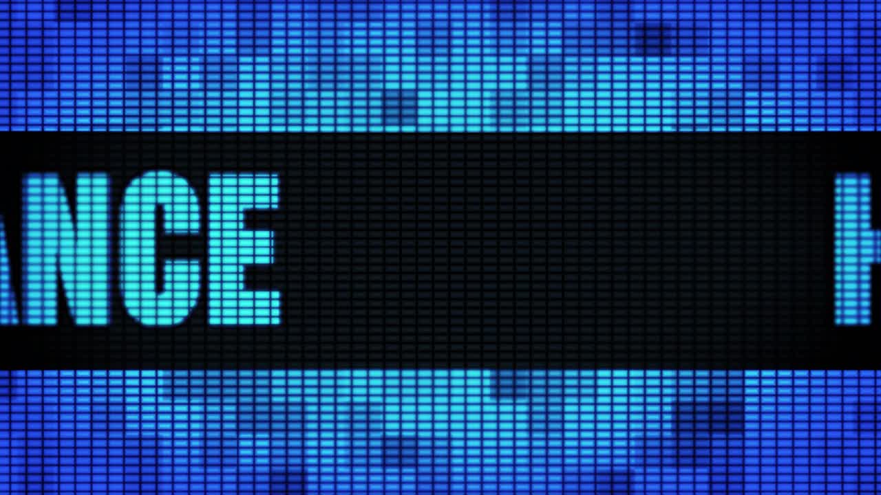 Health insurance front text scrolling on light blue digital led display board pixel light screen