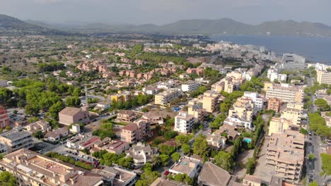 Aerial-of-highly-populated-coastal-city-of-Mallorca-island,-Spain