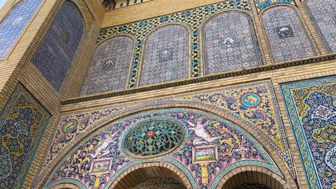 Islamic architecture and colorful tile design of mosaic mosque minaret mansion madrassah royal house ancient cityscape high angle panoramic view sunset tourism heritage landmark Uzbekistan Tehran Iran