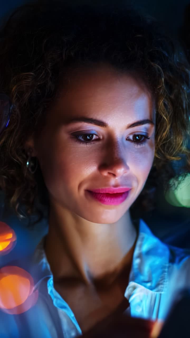 Affascinata dalla tecnologia: primo piano di una donna che utilizza un dispositivo in un ambiente scarsamente illuminato, con luci scintillanti e ombre affascinanti