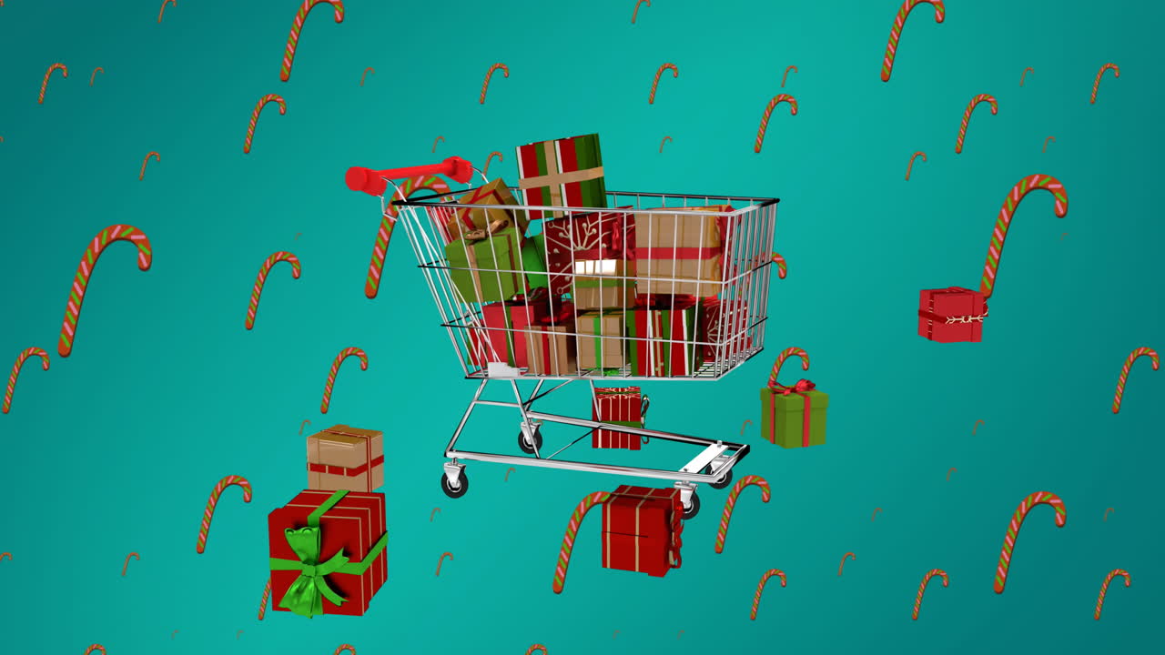 animación de regalos de navidad que caen y bastones de caramelo sobre el carrito de compras