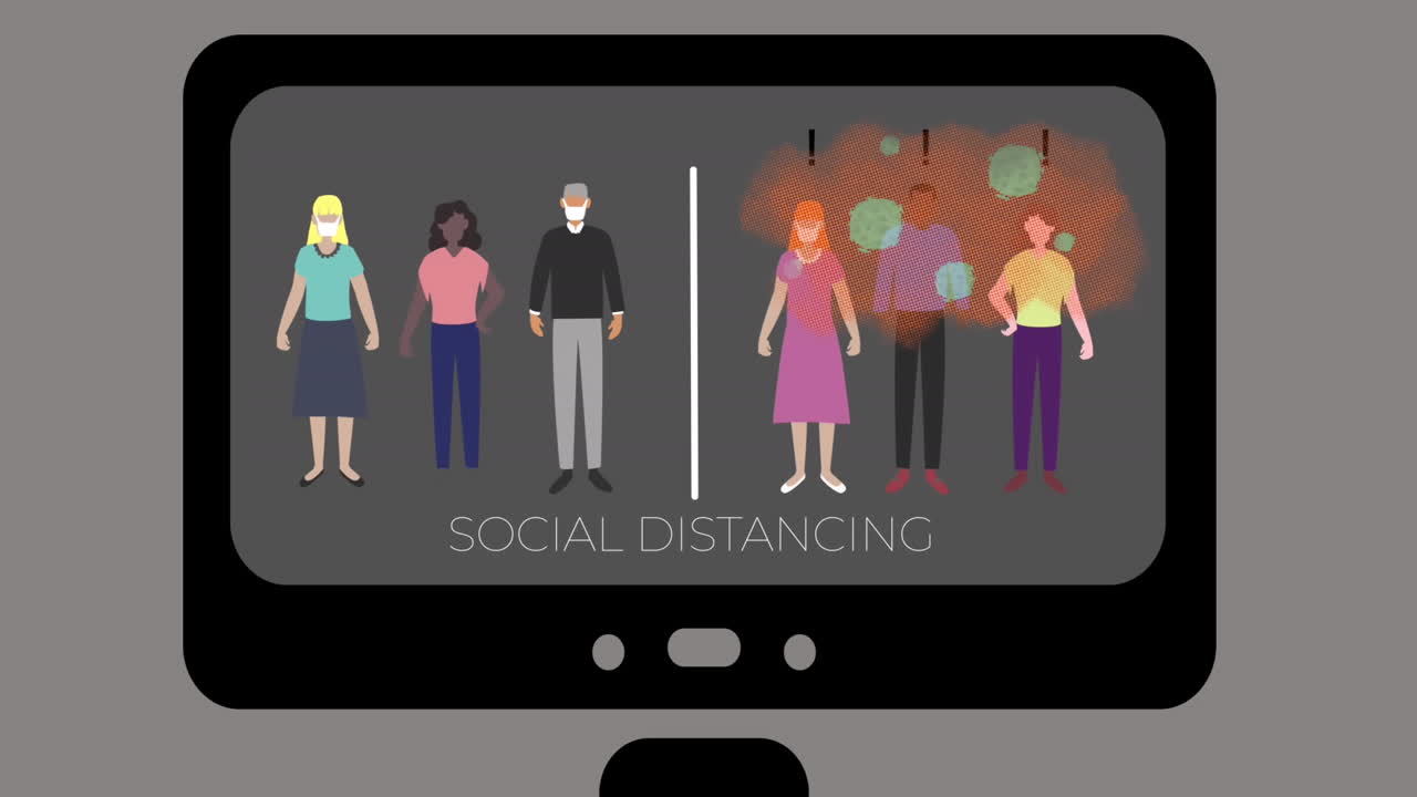 디지털 복합은 covid-19 픽토그램과 태블릿에있는 사람들을 보여줍니다. 격리를 강조합니다.