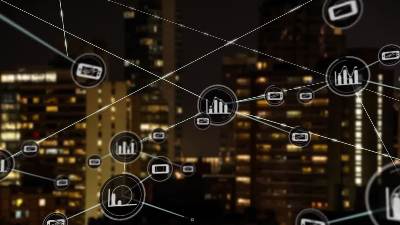 Animation of network of connections with icons over cityscape