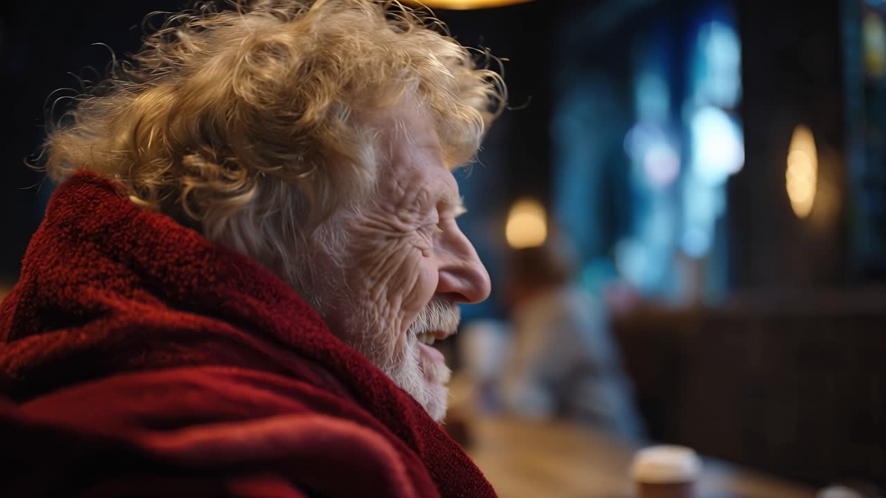 Cozy red shawl drapes an elderly man's shoulders. Soft curls frame his weathered face. Warm, gentle expression suggests quiet contentment. Gentle gaze meets unseen friend across a wooden table
