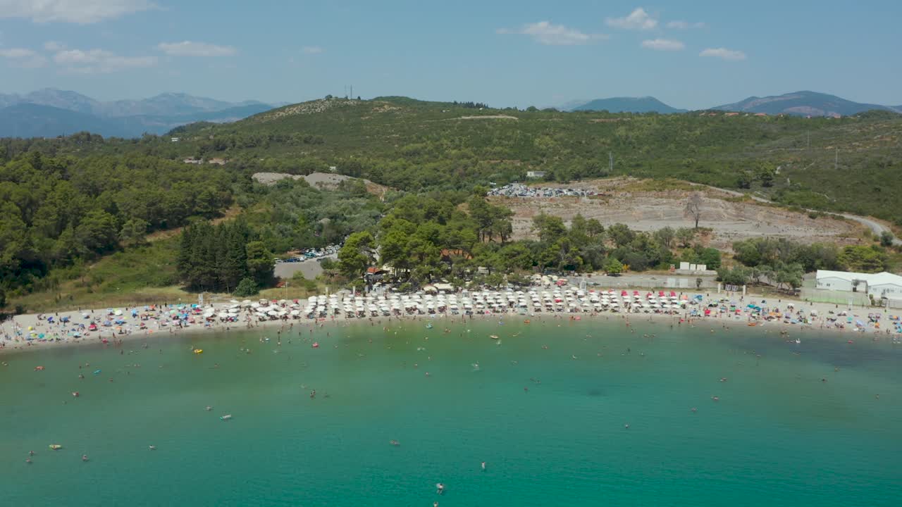 Many people on the beach in montenegro, aerial view