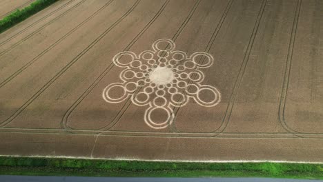 Beauworth-Hampshire-2023-wheat-crop-circle-aerial-view-over-atom-solar-circles-geometric-farmland-formation