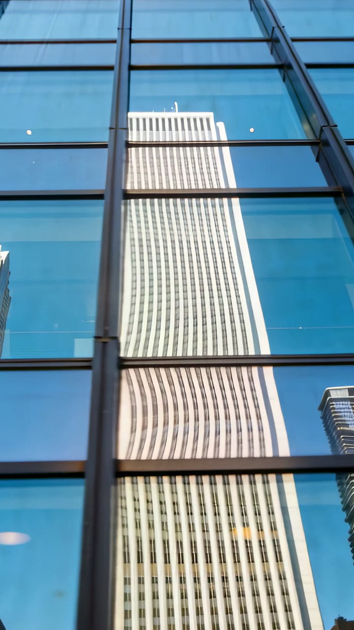 Vertical video: Frame shift causing mirrored tower settling from waves to upright in urban glass