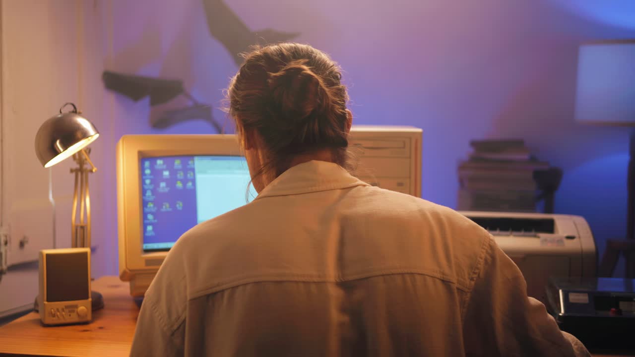 Man working and gaming on retro computer PC, IT engineer with vintage computer at home, using old fashion technology, close up of retro setup.