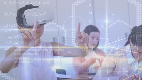 animation of mathematical formulas over caucasian schoolboy wearing vr headset