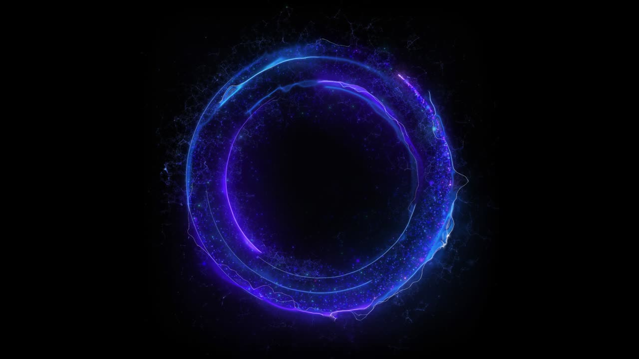 Seamless loop. Animation of a blue round electric portal consisting of lightning, energy and particles isolated on black background with alpha luma matte.