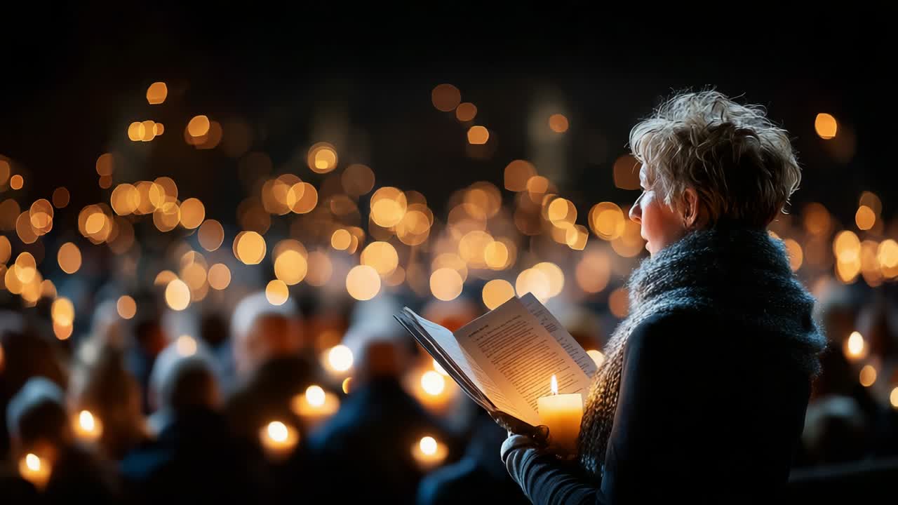 A Woman Holding a Candle and Reading at a Serene Gathering Surrounded by a Sea of Flickering Lights, Capturing a Profound Moment of Reflection and Unity in a Nighttime Setting Filled with Hope and Warmth