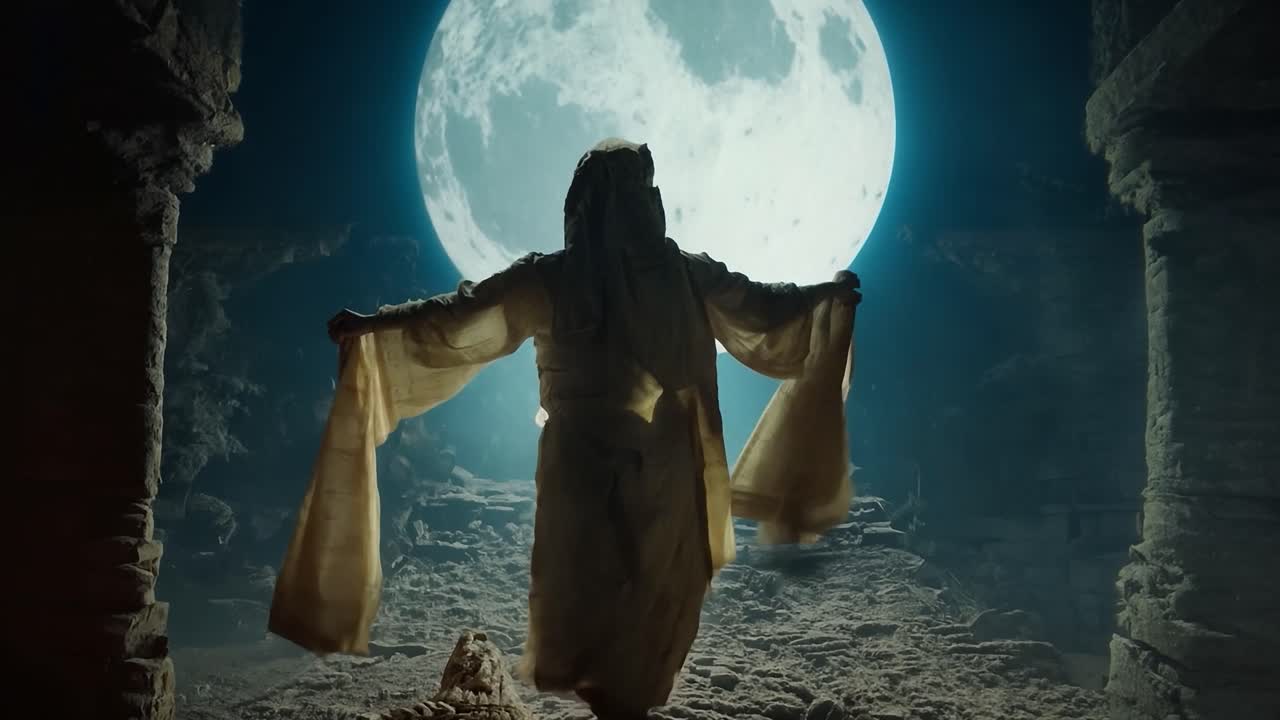 A mysterious robed figure stands in a cave with a full moon in the background