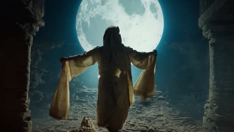 a mysterious robed figure stands in a cave with a full moon in the background