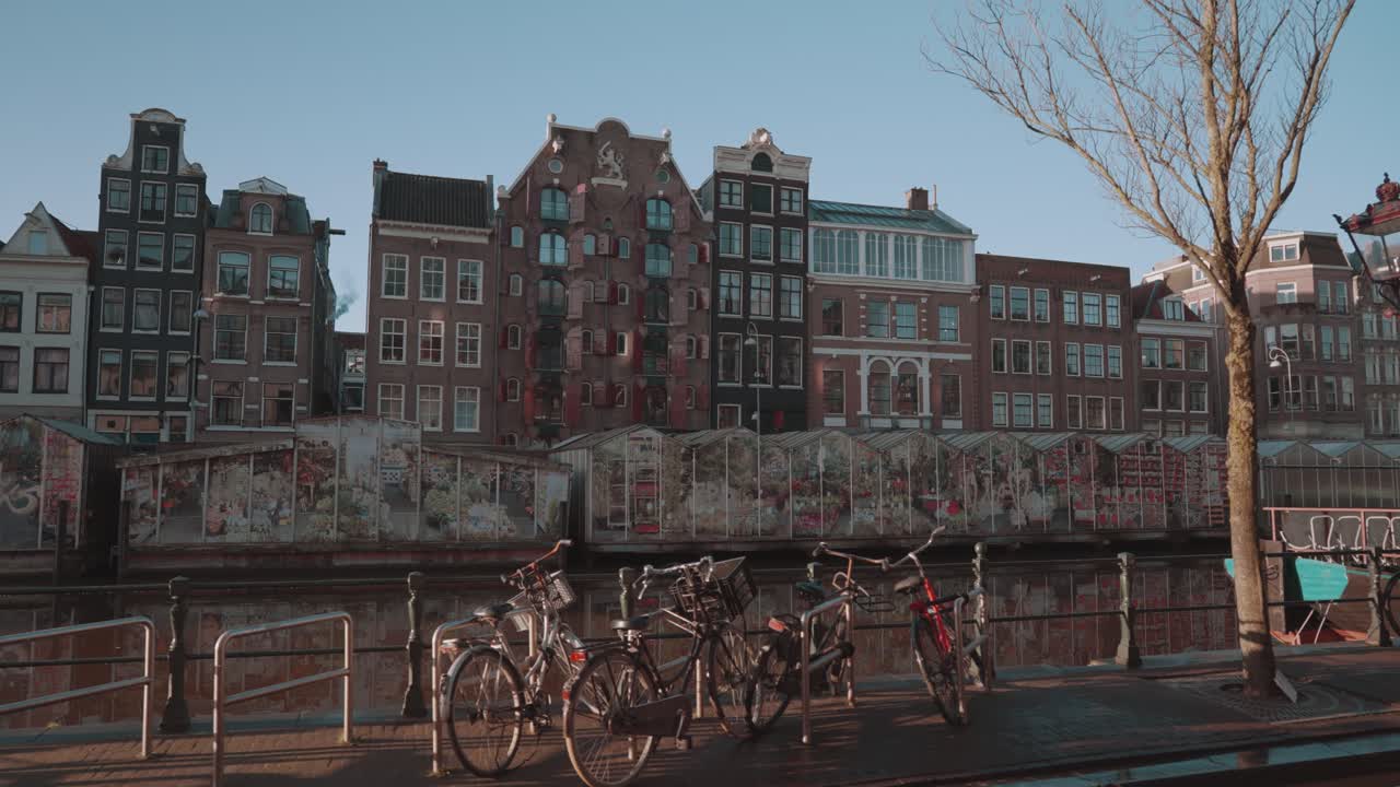 Amsterdam Canal Scene with Bicycles and Buildings