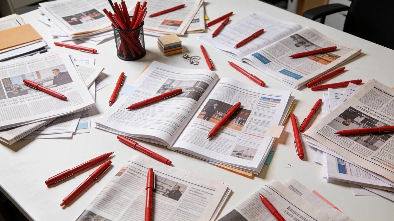 Panning camera shifting right, zooming in at office table, highlighting red pens and open booklet