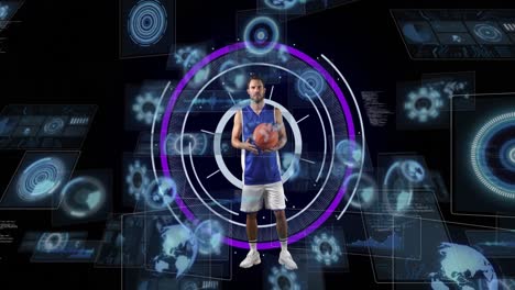 Animation-Der-Datenverarbeitung-über-Einem-Männlichen-Basketballspieler