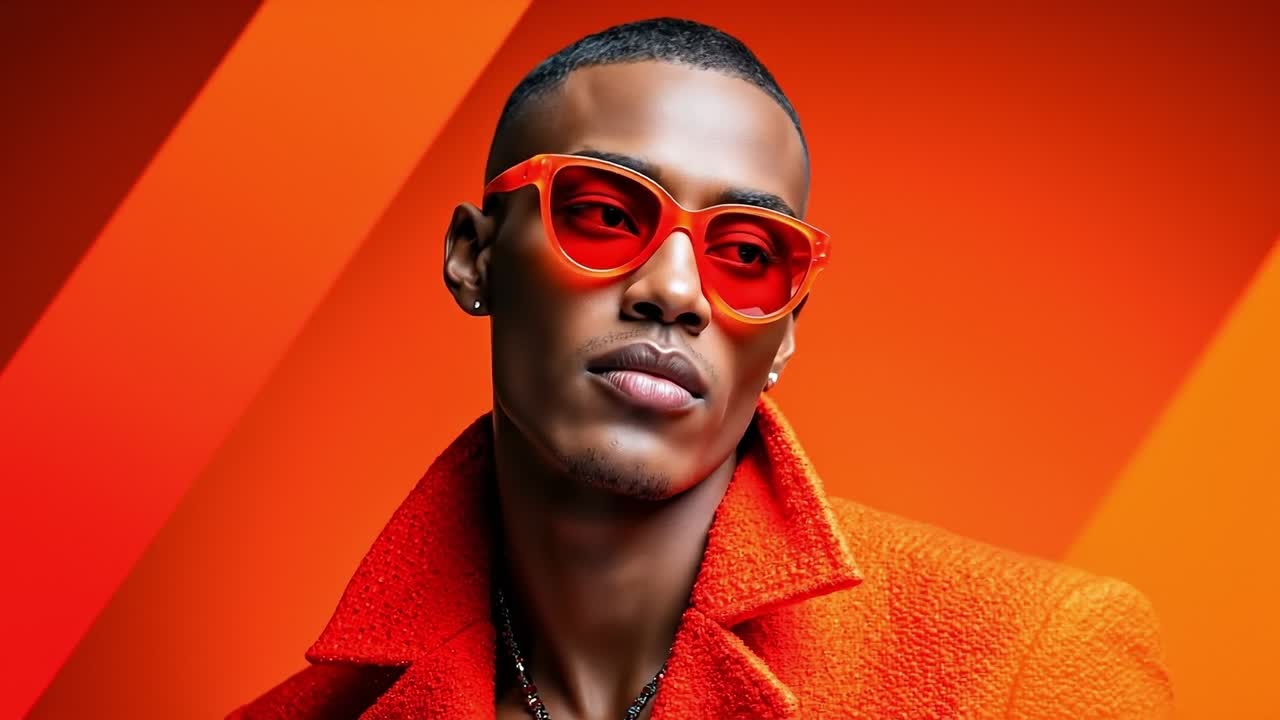 A man wearing a red coat and orange sunglasses