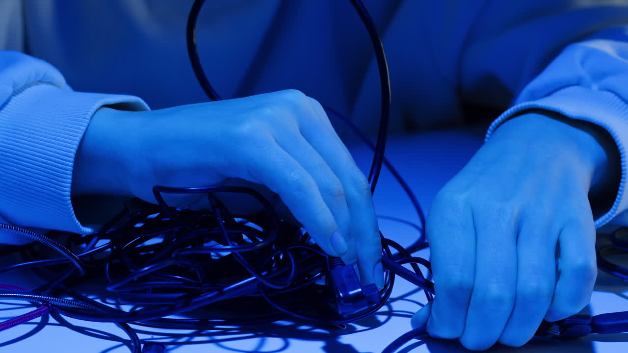 Young woman trying to untangle many various of wires in blue neon light close-up. Tangled wires and cables on table. Trying to untangle many messy and chaos cables