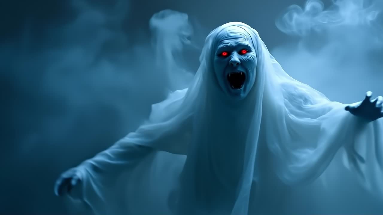 A ghost with red eyes and a white robe is standing in the fog