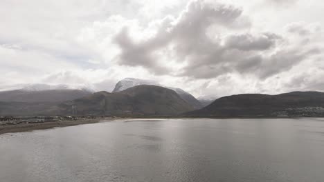 Aerial-dolly-showing-the-largest-mountain-in-the-United-Kingdom-covered-in-snow