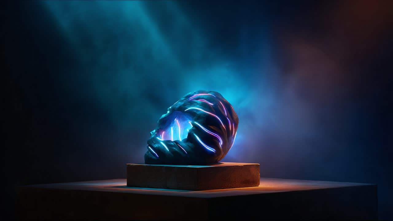 Un affascinante artefatto luminescente che emana vivaci raggi blu e avvolto in un esterno enigmatico, su uno sfondo scuro con effetti di luce dinamici