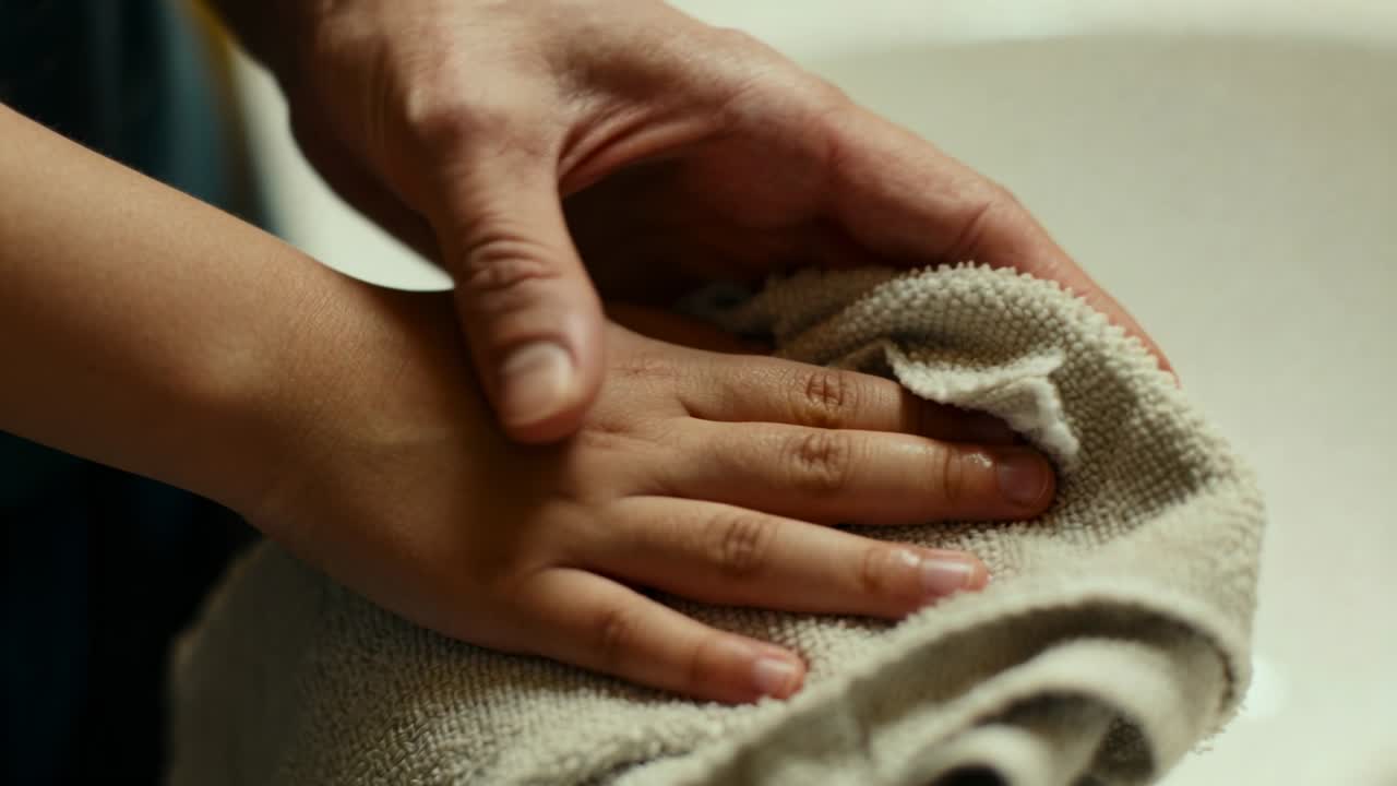 Guiding adult hand reacting to child's lying palm, tucking terry towel and drying fingers at sink