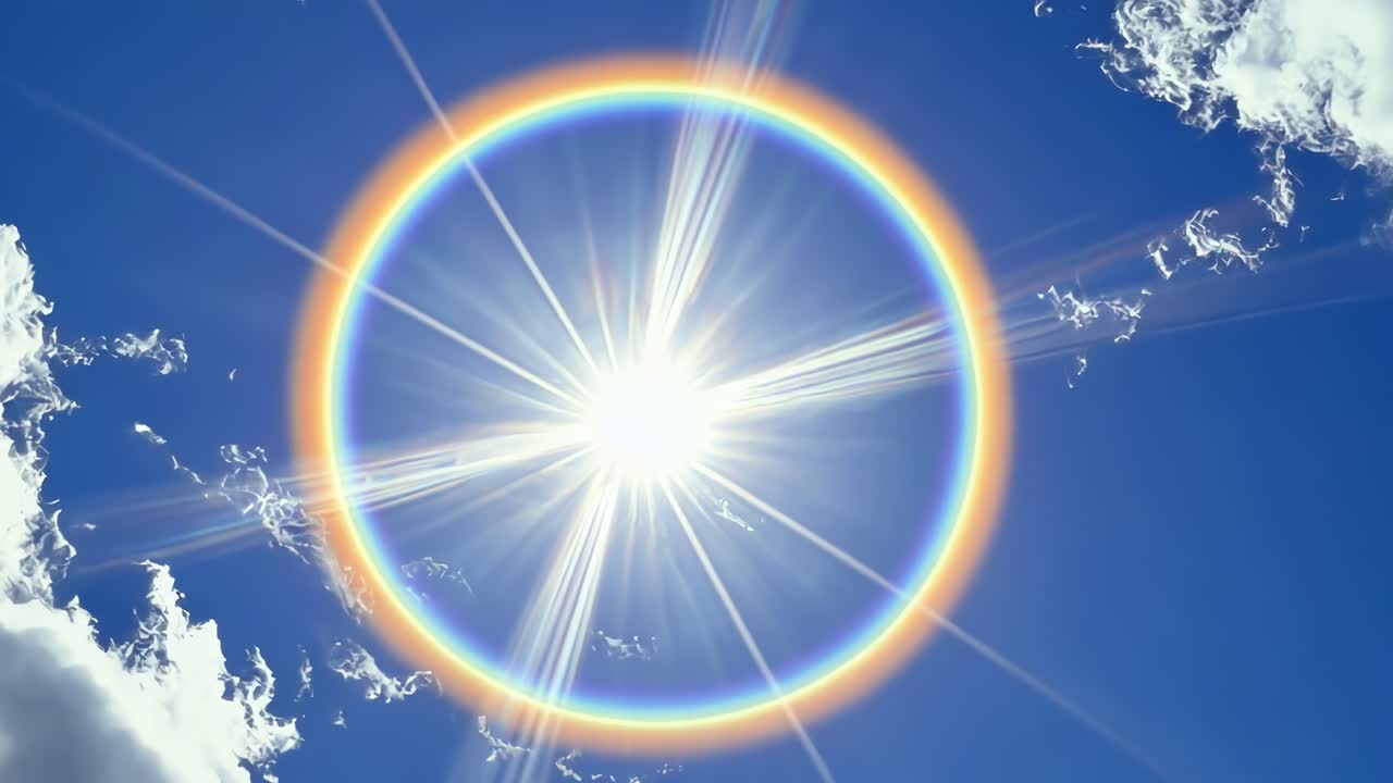 A video captures a solar halo with a vibrant rainbow ring against a clear blue sky